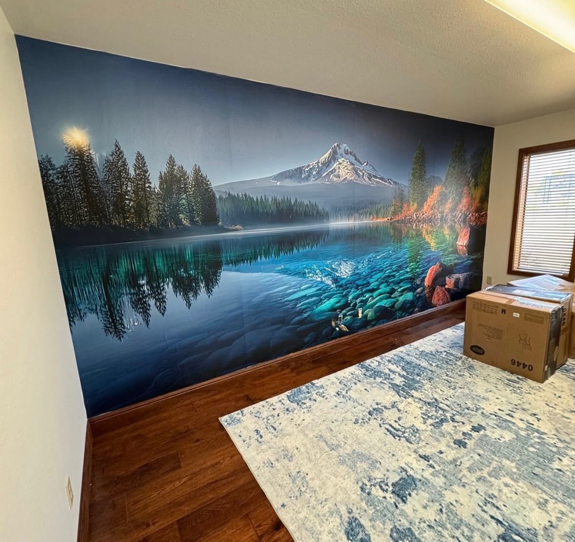 Mountain lake panorama installed as a full-wall mural in Southern Oregon