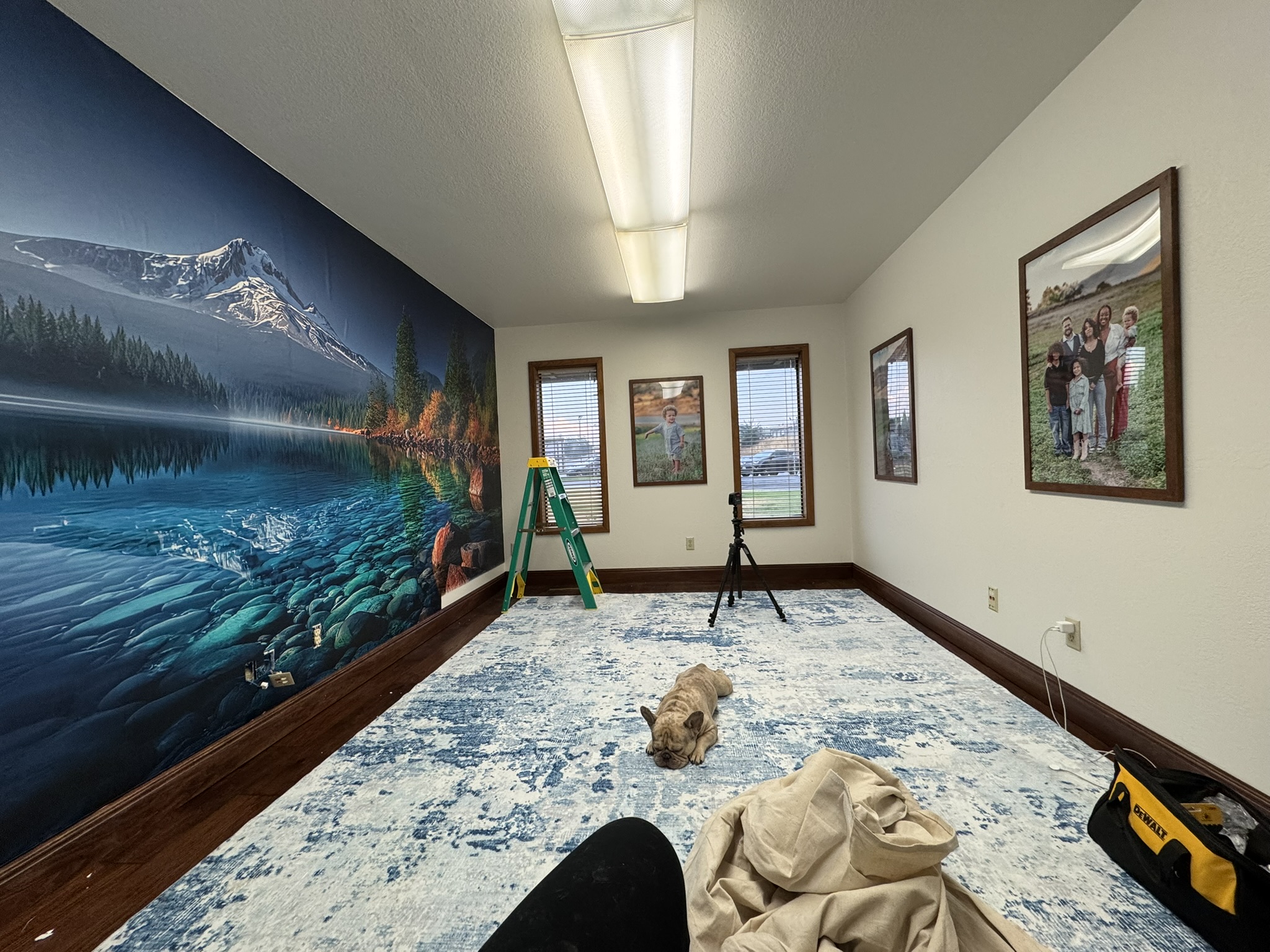 Finished mountain lake mural seen across the full Southern Oregon room