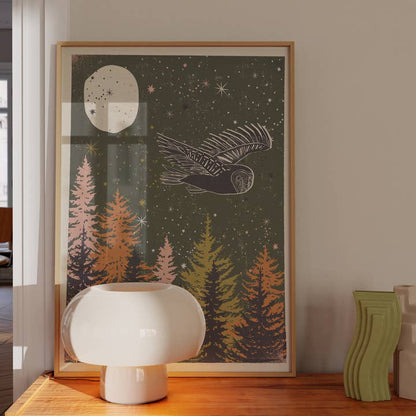 "Night Watch" Colorful Owl Art Print Mid Century Retro Moon