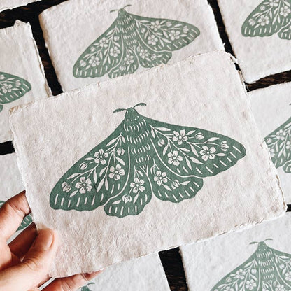 5x7 Seafoam Floral Moth Block Print On Handmade Paper