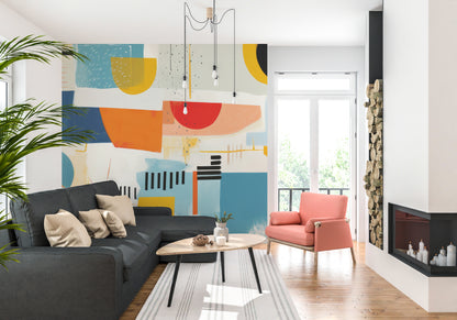 Contemporary Color Harmony yellow orange blue green abstract peel and stick wallpaper