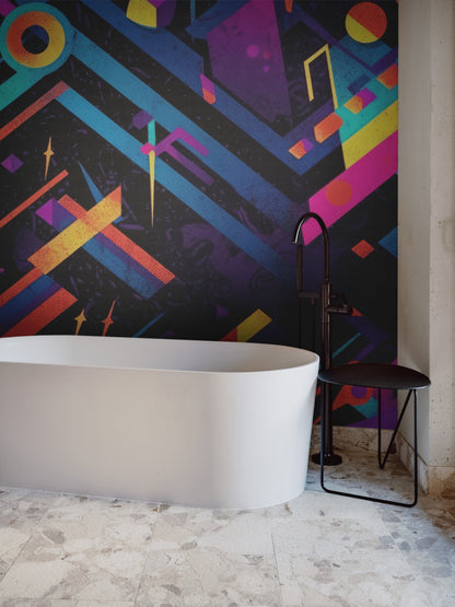 Neon Spectrum Pulse dark neon geometric peel and stick wallpaper mural