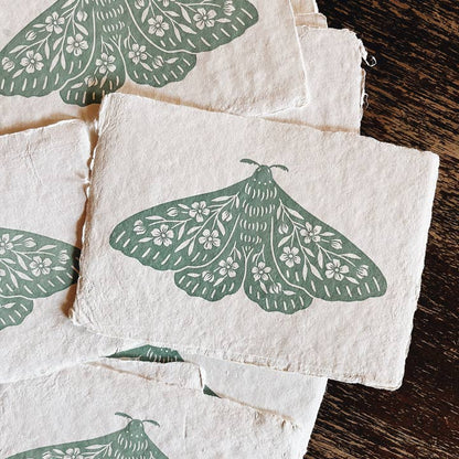 5x7 Seafoam Floral Moth Block Print On Handmade Paper