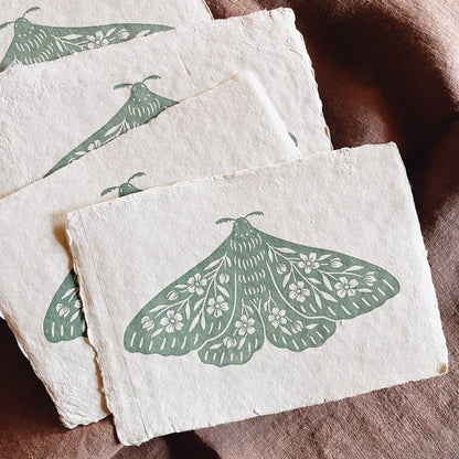 5x7 Seafoam Floral Moth Block Print On Handmade Paper