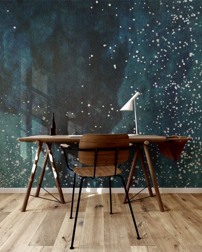 Starry Misty Elegance teal cosmic star pattern peel and stick wallpaper