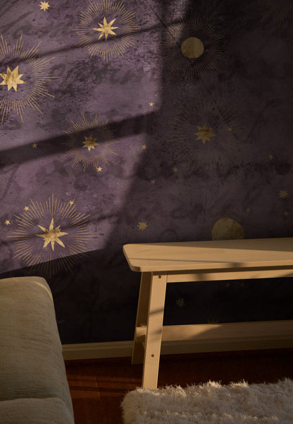 Lunar Glow Elegance purple gold mandala celestial peel and stick wallpaper
