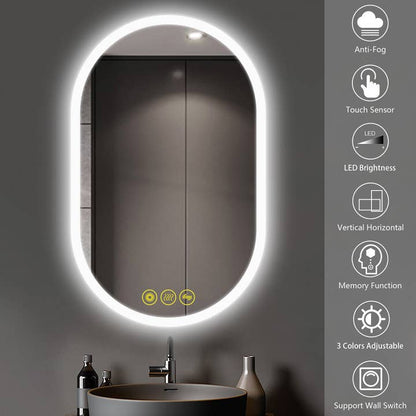 20x32" Oval Frameless Led Anti-Fog Dimmable Bathroom Mirror