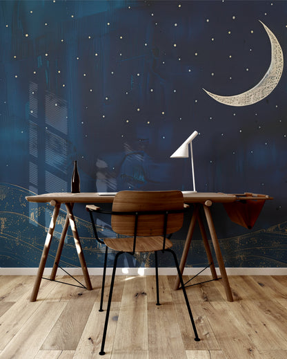 Celestial Midnight Glow deep navy star pattern removable wallpaper