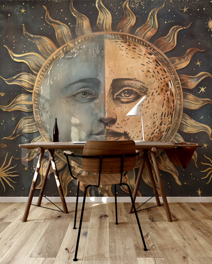 Ethereal Sun and Moon celestial gold silver peel and stick wallpaper