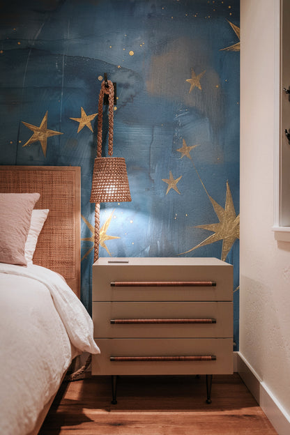 Midnight and Radiant Stars gold stars deep blue peel and stick wallpaper