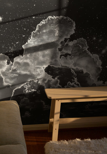 Ethereal Clouds Under Starlit Skies monochrome removable wallpaper mural