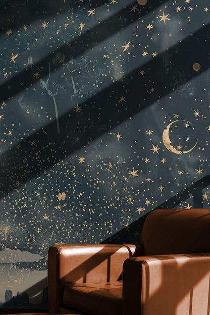 Midnight Starry Reverie deep blue green gold celestial peel and stick wallpaper