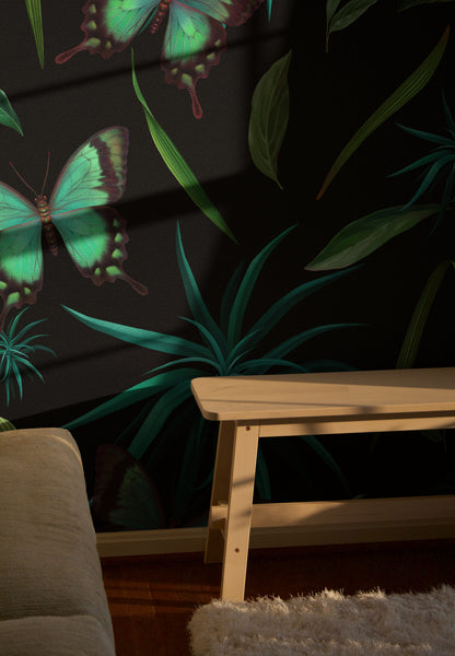 Tropical Midnight Glow with Butterflies
