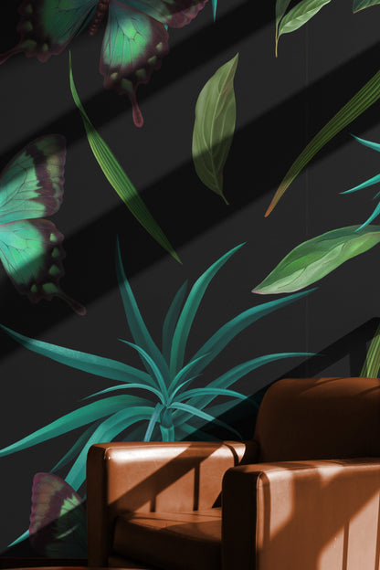 Tropical Midnight Glow with Butterflies