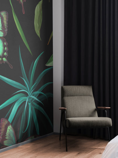 Tropical Midnight Glow with Butterflies