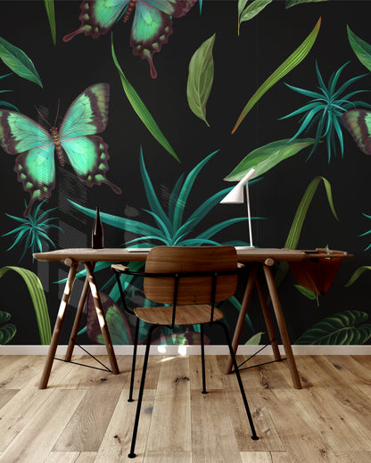 Tropical Midnight Glow with Butterflies