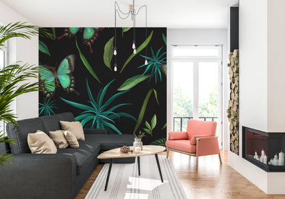 Tropical Midnight Glow with Butterflies