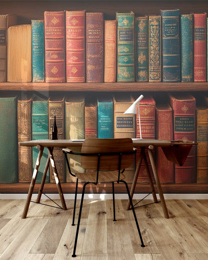 Classic Library Treasures jewel toned bookshelf peel and stick wallpaper