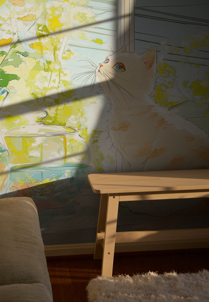 Whimsical Cat by Blooming Window