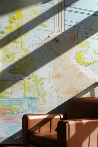 Whimsical Cat by Blooming Window