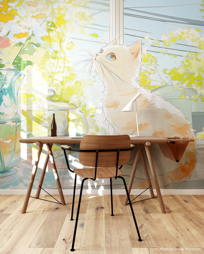 Whimsical Cat by Blooming Window anime peel and stick wallpaper mural