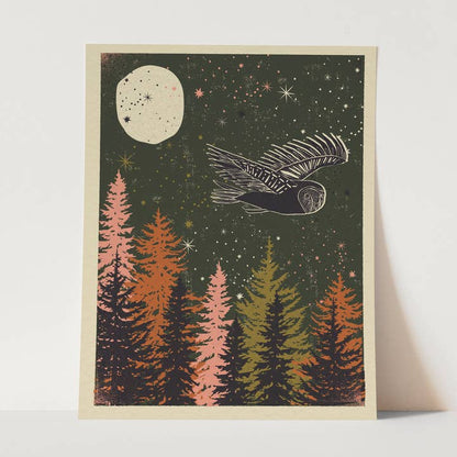 "Night Watch" Colorful Owl Art Print Mid Century Retro Moon