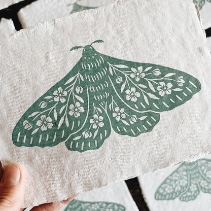 5x7 Seafoam Floral Moth Block Print On Handmade Paper