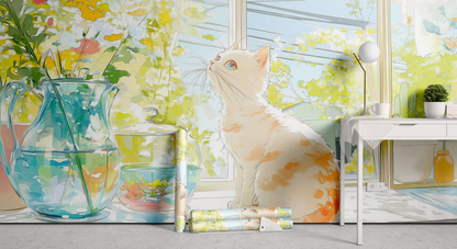 Whimsical Cat by Blooming Window