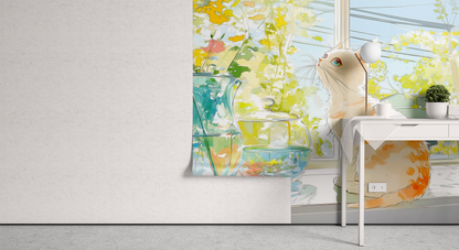 Whimsical Cat by Blooming Window