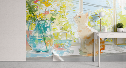Whimsical Cat by Blooming Window